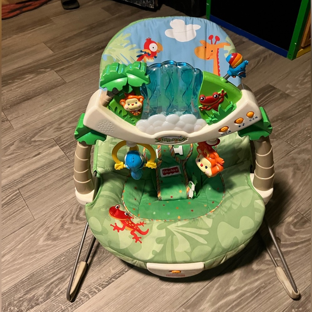 Bright Starts Vibrating Infant Baby Bouncer with Toy Bar, Safari Fun